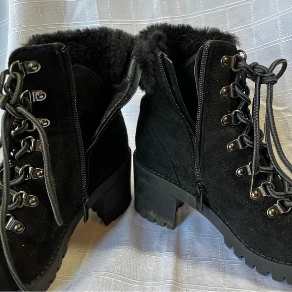 Top Moda Black Combat Style Chunky Heel Lace-Up Ankle Boots Faux Fur Women's 6.5 - Picture 6 of 11
